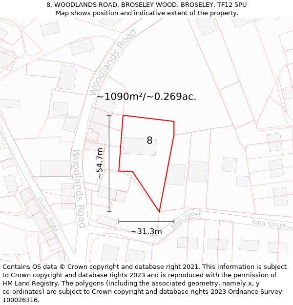 8, WOODLANDS ROAD, BROSELEY WOOD, BROSELEY, TF12 5PU: Plot and title map