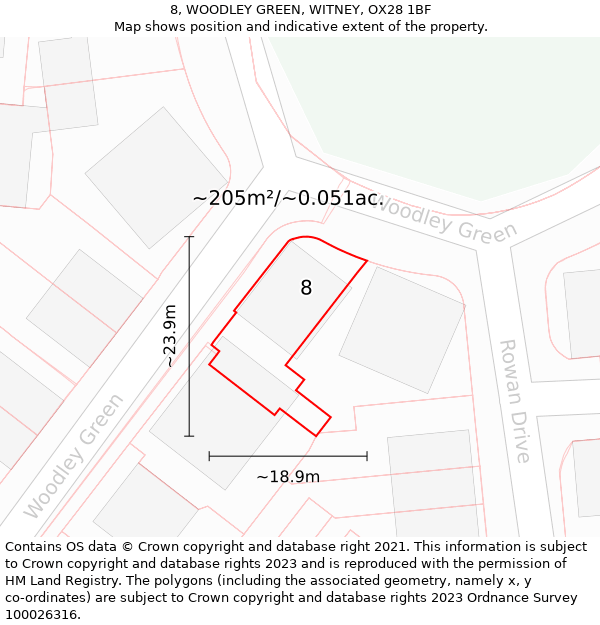 8, WOODLEY GREEN, WITNEY, OX28 1BF: Plot and title map