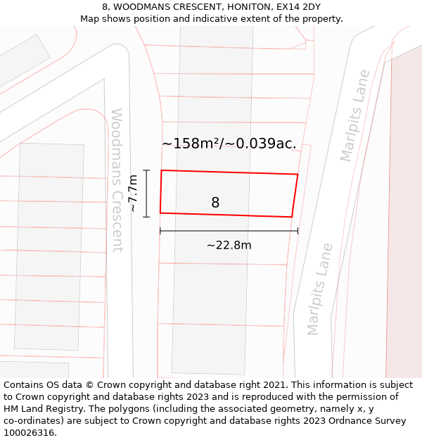8, WOODMANS CRESCENT, HONITON, EX14 2DY: Plot and title map