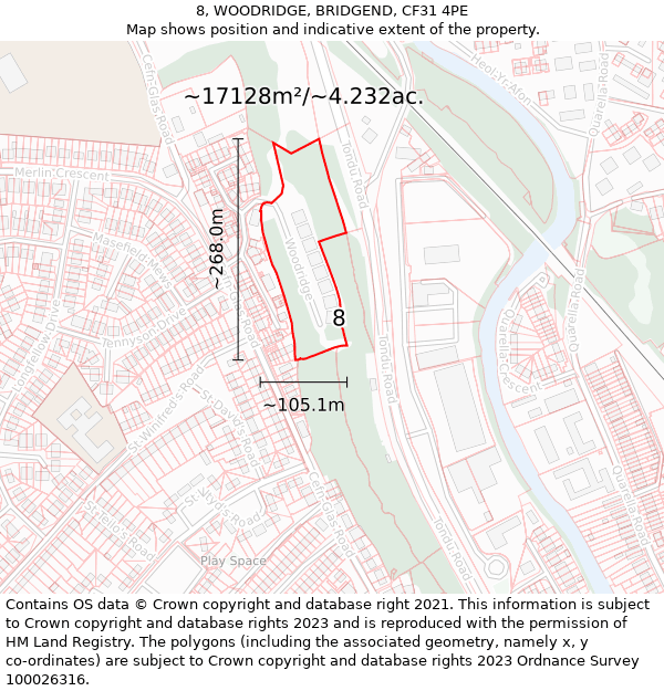 8, WOODRIDGE, BRIDGEND, CF31 4PE: Plot and title map
