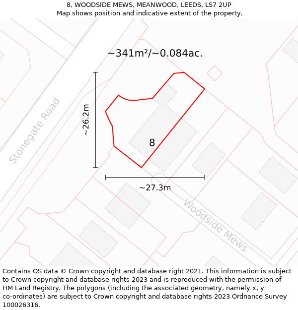 8, WOODSIDE MEWS, MEANWOOD, LEEDS, LS7 2UP: Plot and title map