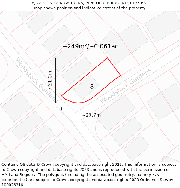 8, WOODSTOCK GARDENS, PENCOED, BRIDGEND, CF35 6ST: Plot and title map