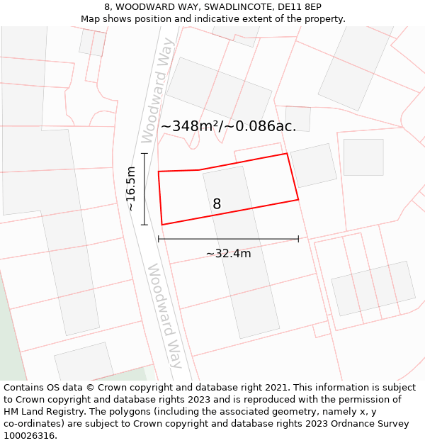 8, WOODWARD WAY, SWADLINCOTE, DE11 8EP: Plot and title map