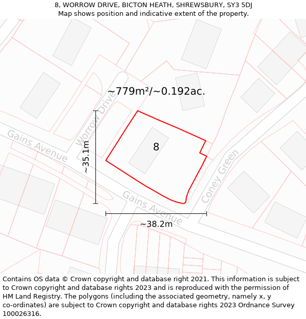 8, WORROW DRIVE, BICTON HEATH, SHREWSBURY, SY3 5DJ: Plot and title map