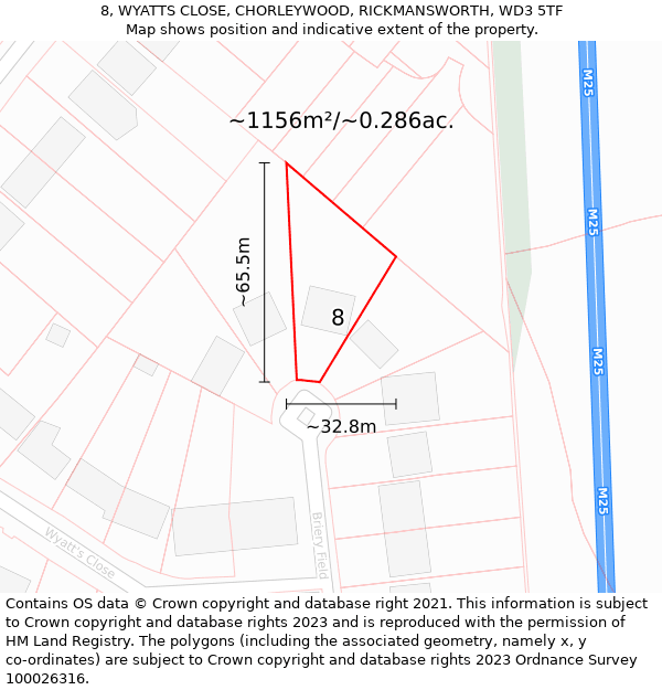 8, WYATTS CLOSE, CHORLEYWOOD, RICKMANSWORTH, WD3 5TF: Plot and title map