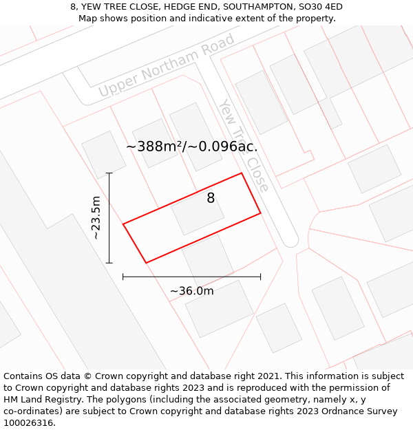 8, YEW TREE CLOSE, HEDGE END, SOUTHAMPTON, SO30 4ED: Plot and title map