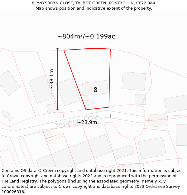 8, YNYSBRYN CLOSE, TALBOT GREEN, PONTYCLUN, CF72 8AX: Plot and title map