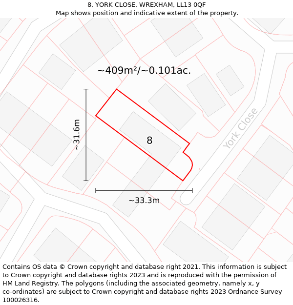 8, YORK CLOSE, WREXHAM, LL13 0QF: Plot and title map