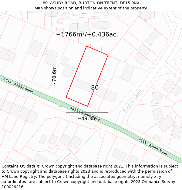 80, ASHBY ROAD, BURTON-ON-TRENT, DE15 0NX: Plot and title map