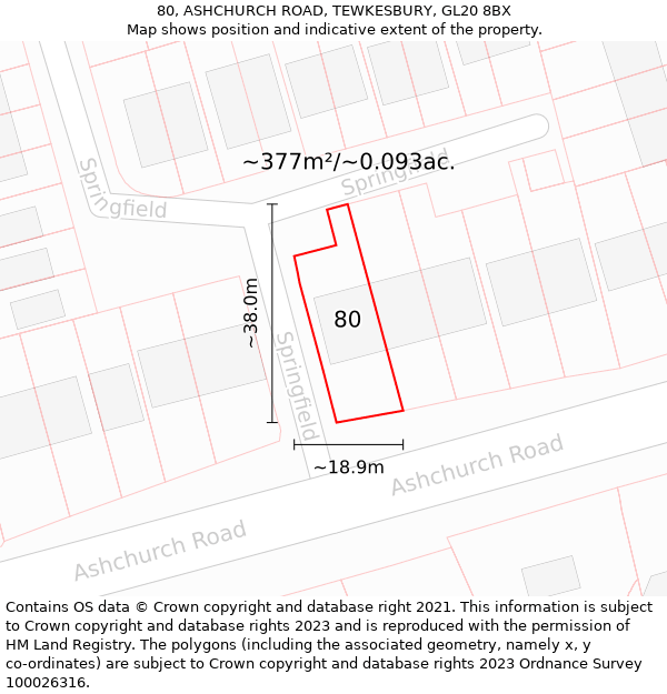 80, ASHCHURCH ROAD, TEWKESBURY, GL20 8BX: Plot and title map