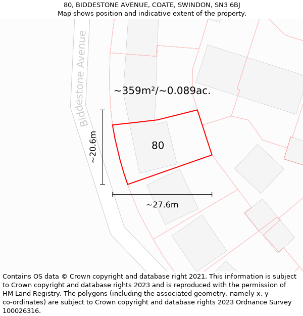 80, BIDDESTONE AVENUE, COATE, SWINDON, SN3 6BJ: Plot and title map