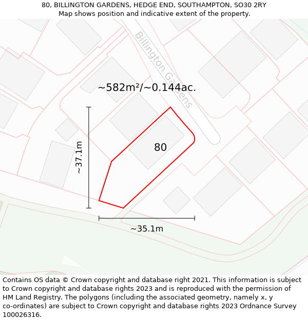 80, BILLINGTON GARDENS, HEDGE END, SOUTHAMPTON, SO30 2RY: Plot and title map