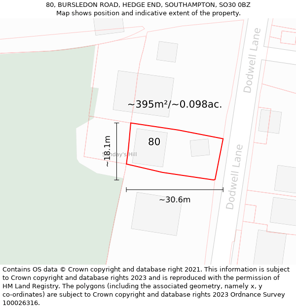 80, BURSLEDON ROAD, HEDGE END, SOUTHAMPTON, SO30 0BZ: Plot and title map