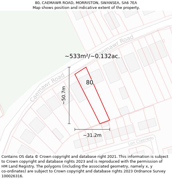 80, CAEMAWR ROAD, MORRISTON, SWANSEA, SA6 7EA: Plot and title map