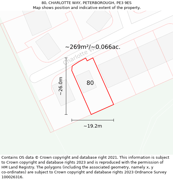 80, CHARLOTTE WAY, PETERBOROUGH, PE3 9ES: Plot and title map