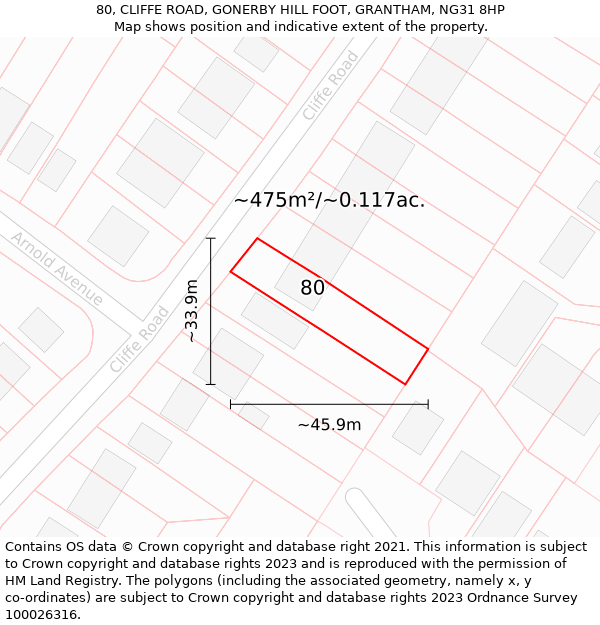 80, CLIFFE ROAD, GONERBY HILL FOOT, GRANTHAM, NG31 8HP: Plot and title map