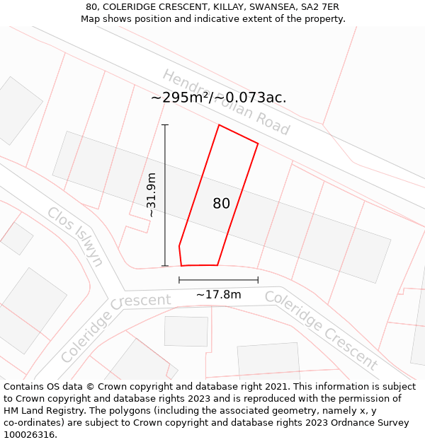 80, COLERIDGE CRESCENT, KILLAY, SWANSEA, SA2 7ER: Plot and title map