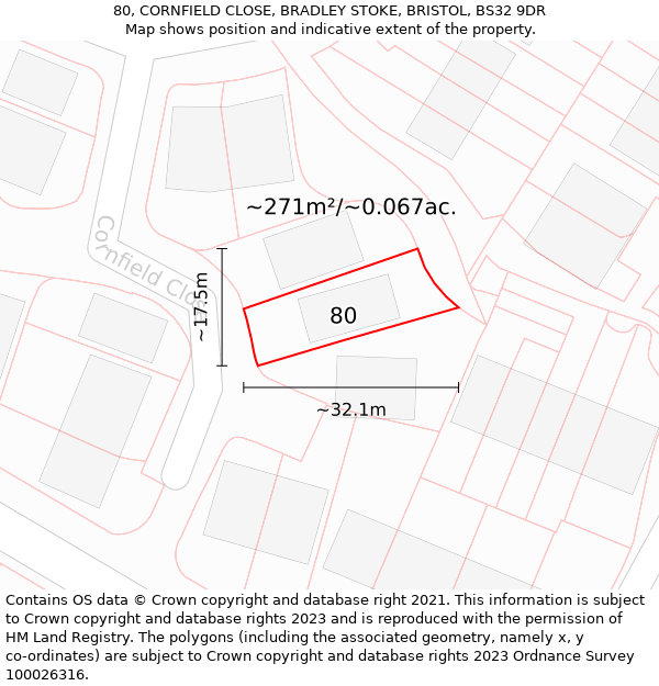 80, CORNFIELD CLOSE, BRADLEY STOKE, BRISTOL, BS32 9DR: Plot and title map