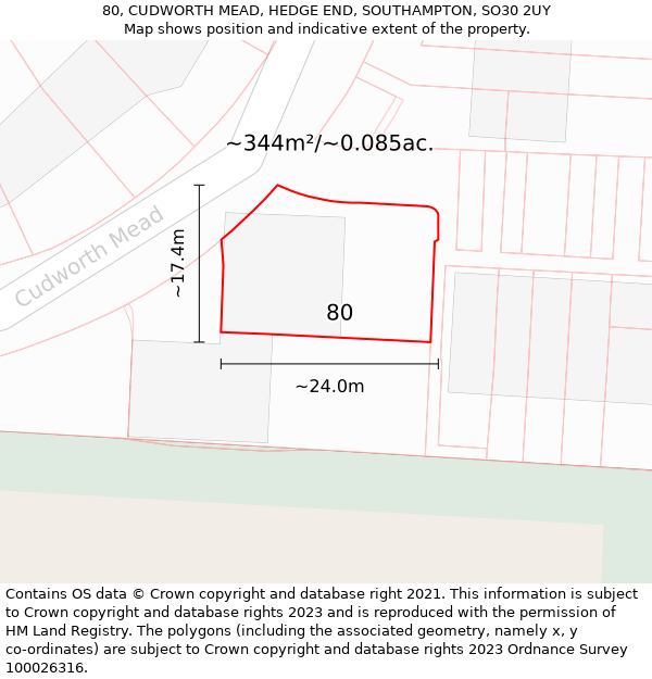 80, CUDWORTH MEAD, HEDGE END, SOUTHAMPTON, SO30 2UY: Plot and title map