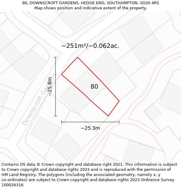 80, DOWNSCROFT GARDENS, HEDGE END, SOUTHAMPTON, SO30 4RS: Plot and title map