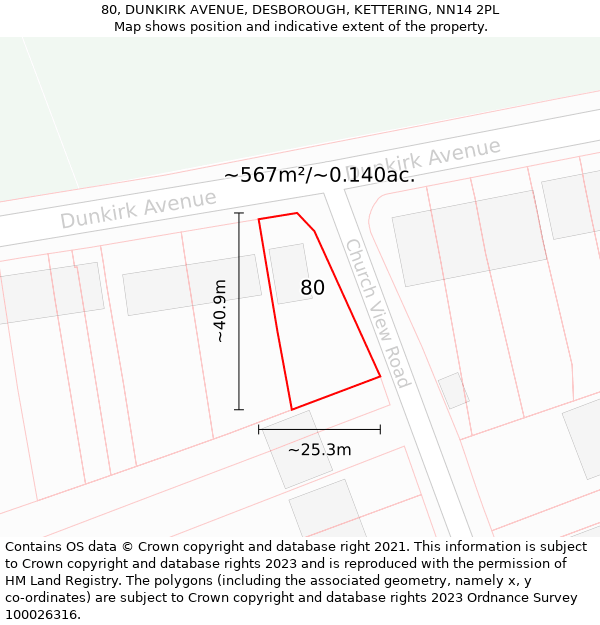 80, DUNKIRK AVENUE, DESBOROUGH, KETTERING, NN14 2PL: Plot and title map