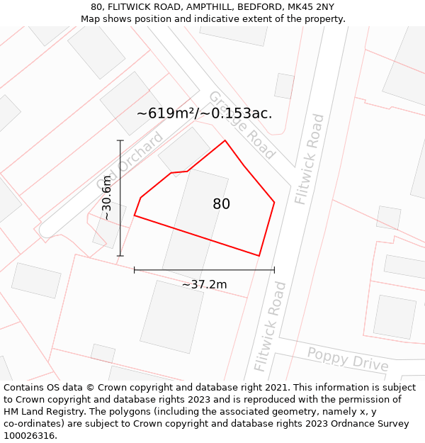 80, FLITWICK ROAD, AMPTHILL, BEDFORD, MK45 2NY: Plot and title map