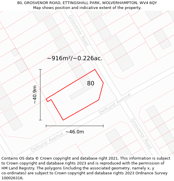 80, GROSVENOR ROAD, ETTINGSHALL PARK, WOLVERHAMPTON, WV4 6QY: Plot and title map
