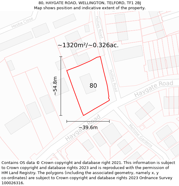 80, HAYGATE ROAD, WELLINGTON, TELFORD, TF1 2BJ: Plot and title map