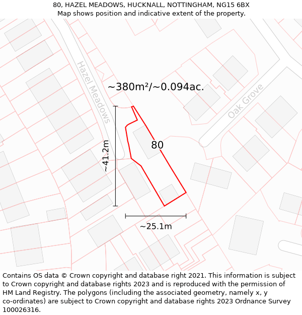 80, HAZEL MEADOWS, HUCKNALL, NOTTINGHAM, NG15 6BX: Plot and title map