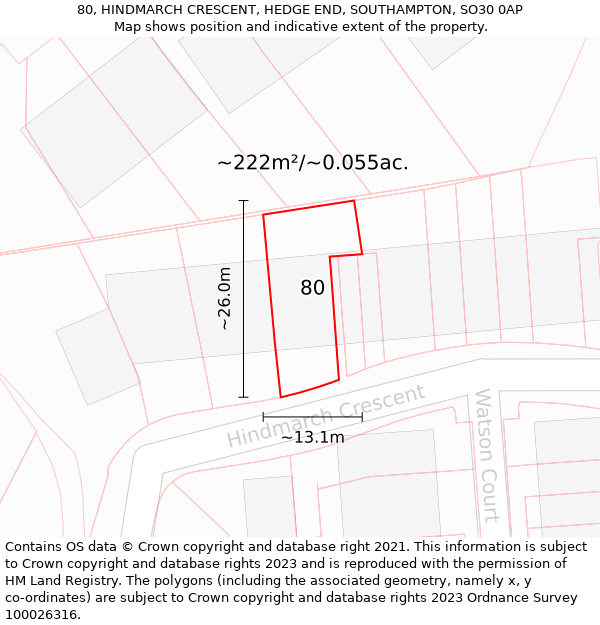 80, HINDMARCH CRESCENT, HEDGE END, SOUTHAMPTON, SO30 0AP: Plot and title map