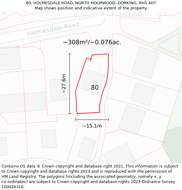 80, HOLMESDALE ROAD, NORTH HOLMWOOD, DORKING, RH5 4HT: Plot and title map