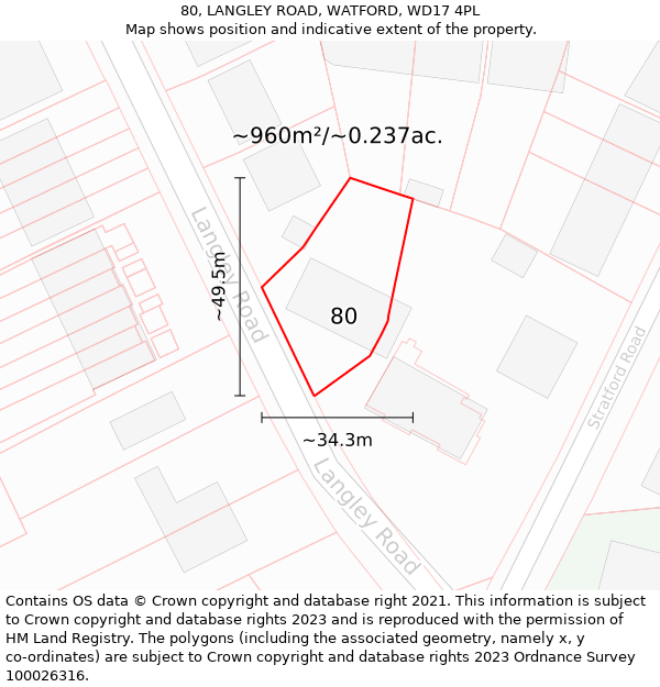 80, LANGLEY ROAD, WATFORD, WD17 4PL: Plot and title map