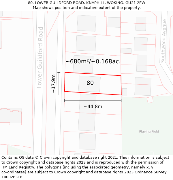 80, LOWER GUILDFORD ROAD, KNAPHILL, WOKING, GU21 2EW: Plot and title map