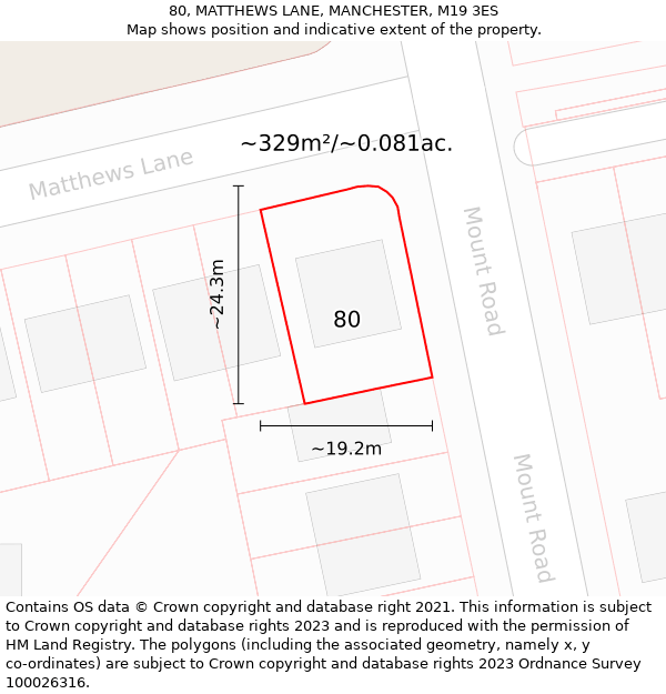 80, MATTHEWS LANE, MANCHESTER, M19 3ES: Plot and title map