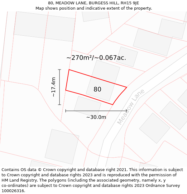 80, MEADOW LANE, BURGESS HILL, RH15 9JE: Plot and title map