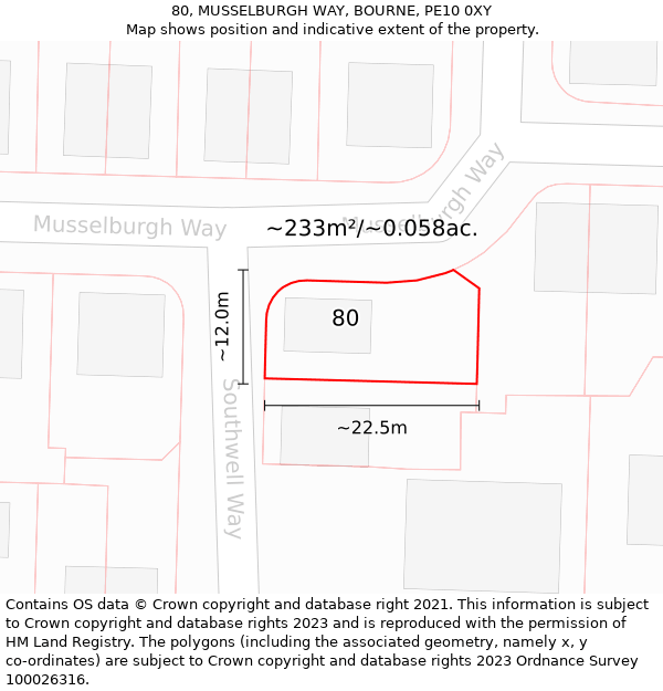 80, MUSSELBURGH WAY, BOURNE, PE10 0XY: Plot and title map