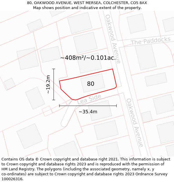 80, OAKWOOD AVENUE, WEST MERSEA, COLCHESTER, CO5 8AX: Plot and title map