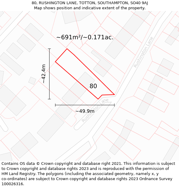 80, RUSHINGTON LANE, TOTTON, SOUTHAMPTON, SO40 9AJ: Plot and title map