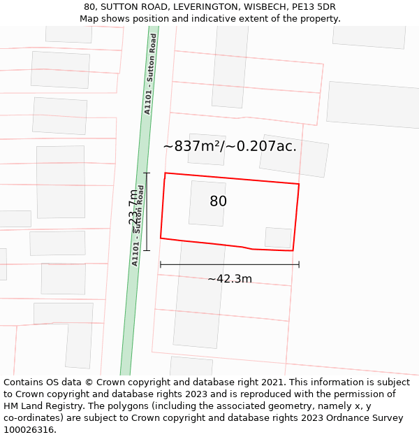 80, SUTTON ROAD, LEVERINGTON, WISBECH, PE13 5DR: Plot and title map