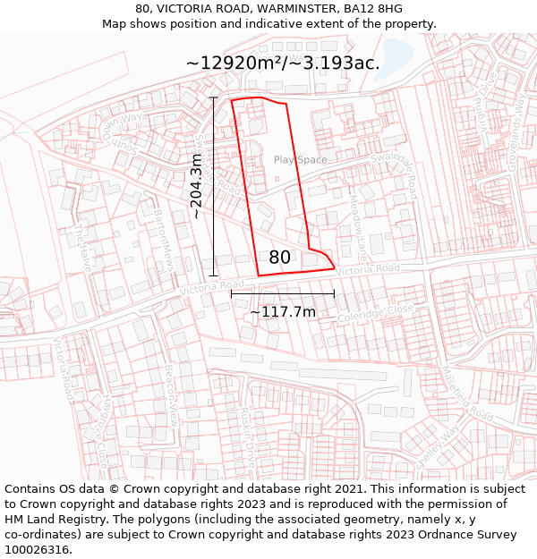 80, VICTORIA ROAD, WARMINSTER, BA12 8HG: Plot and title map