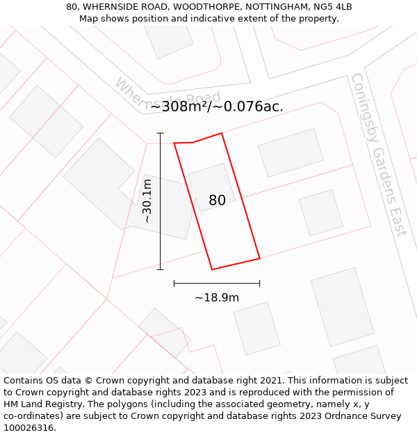 80, WHERNSIDE ROAD, WOODTHORPE, NOTTINGHAM, NG5 4LB: Plot and title map