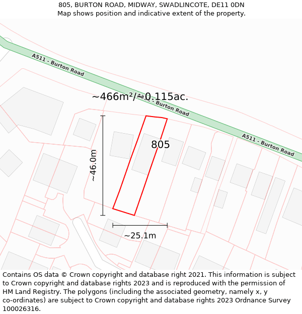 805, BURTON ROAD, MIDWAY, SWADLINCOTE, DE11 0DN: Plot and title map