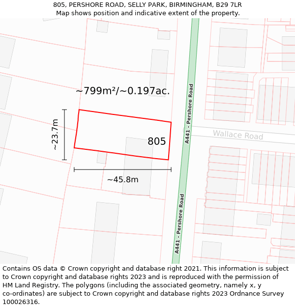 805, PERSHORE ROAD, SELLY PARK, BIRMINGHAM, B29 7LR: Plot and title map