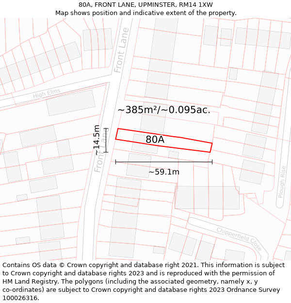 80A, FRONT LANE, UPMINSTER, RM14 1XW: Plot and title map