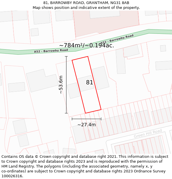 81, BARROWBY ROAD, GRANTHAM, NG31 8AB: Plot and title map