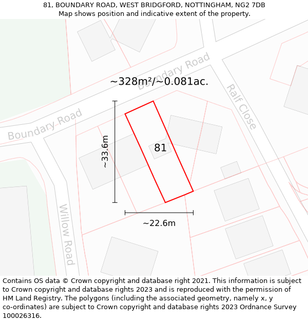81, BOUNDARY ROAD, WEST BRIDGFORD, NOTTINGHAM, NG2 7DB: Plot and title map