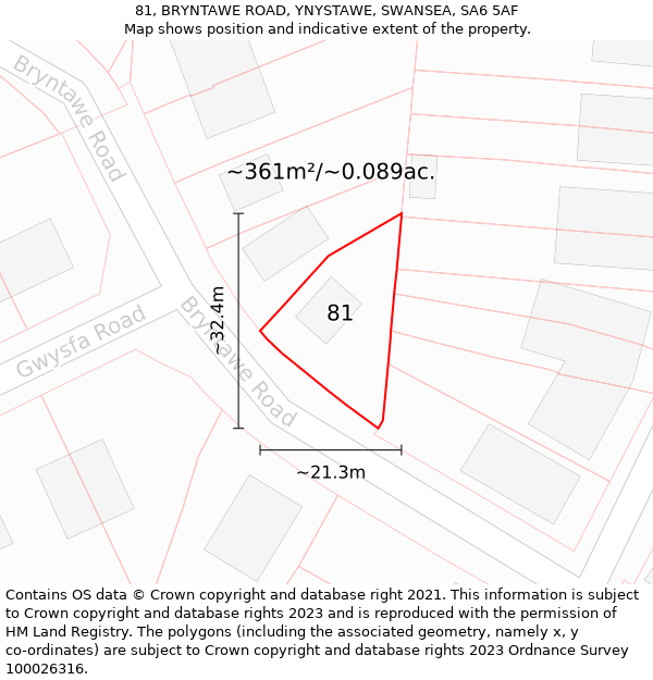 81, BRYNTAWE ROAD, YNYSTAWE, SWANSEA, SA6 5AF: Plot and title map