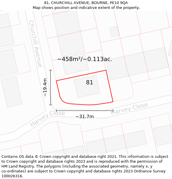 81, CHURCHILL AVENUE, BOURNE, PE10 9QA: Plot and title map