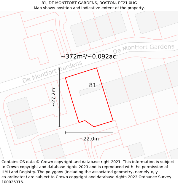 81, DE MONTFORT GARDENS, BOSTON, PE21 0HG: Plot and title map