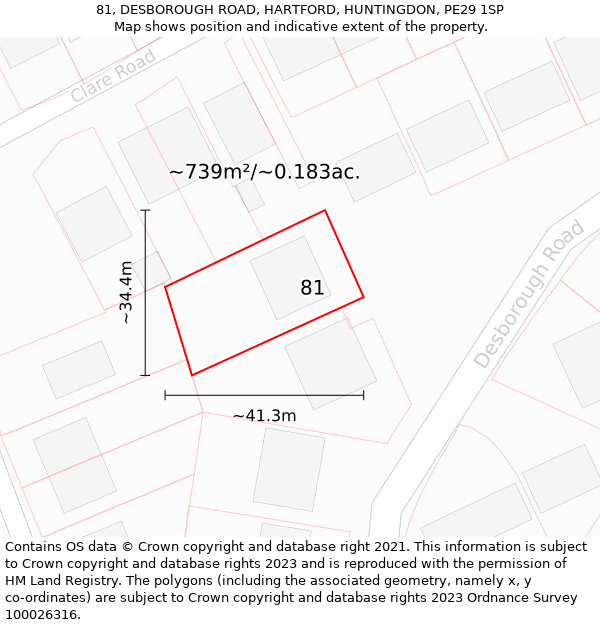 81, DESBOROUGH ROAD, HARTFORD, HUNTINGDON, PE29 1SP: Plot and title map